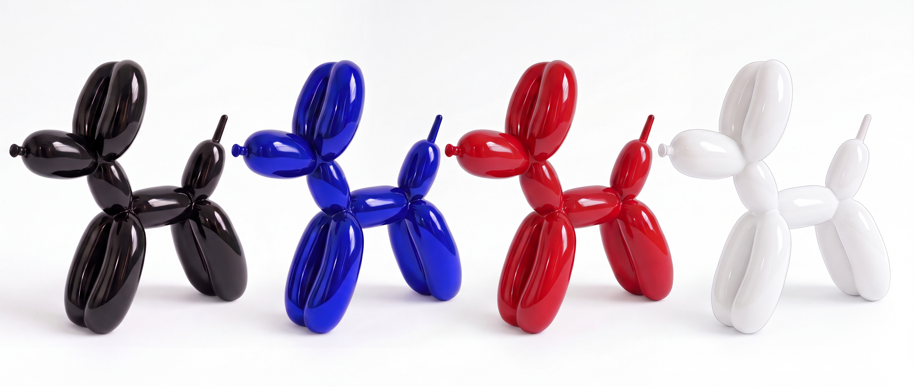 Loonsba balloon dog sculptures in black, blue, red, and white in a row